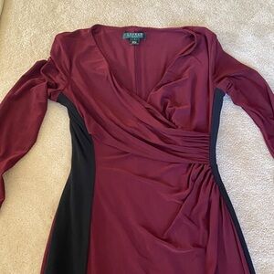 Ralph Lauren Burgundy and Black MIDI Sleeve Dress